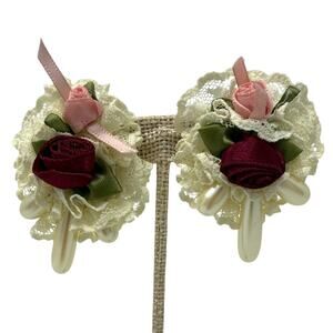 Vintage 80s Sweet Victoria Lace Rose Statement Pierced Earrings